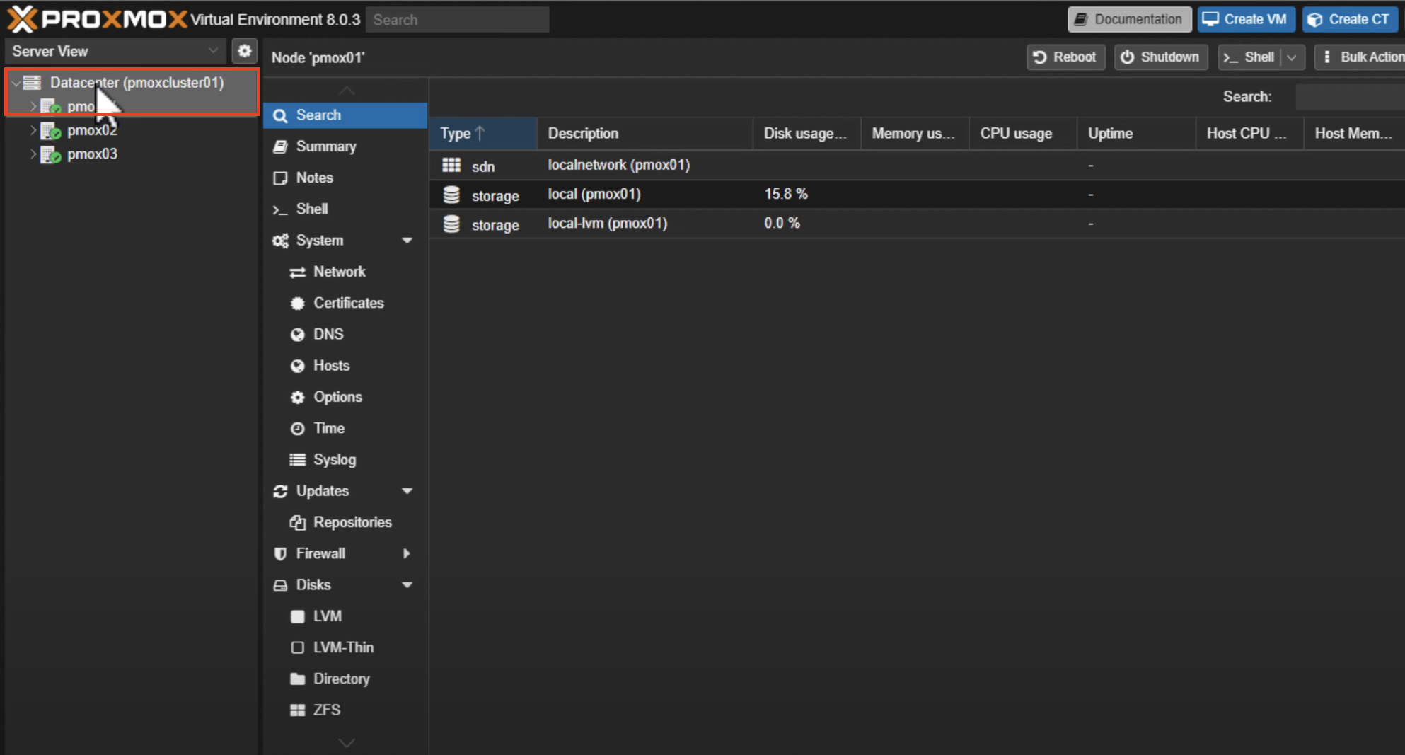A screen showing the the Datacenter to setup the Proxmox Ceph Cluster